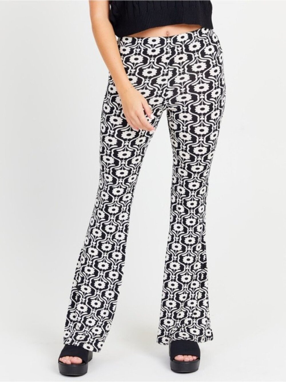 Altar’d State Floral Flare Pants Mod Stretch Black White